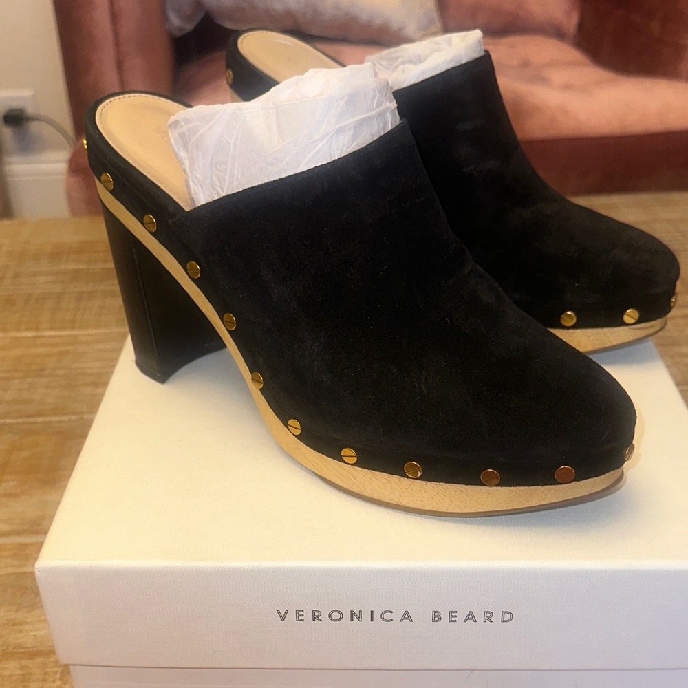 Veronica Beard GRITA Black Clogs with Gold Studs